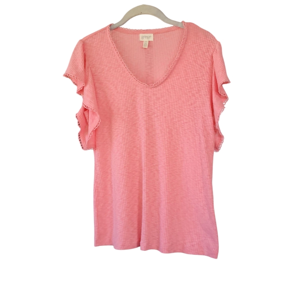 Greige Pink Ribbed Short Flutter Sleeve Top M Soft Girl Romantic‎ Summer Casual